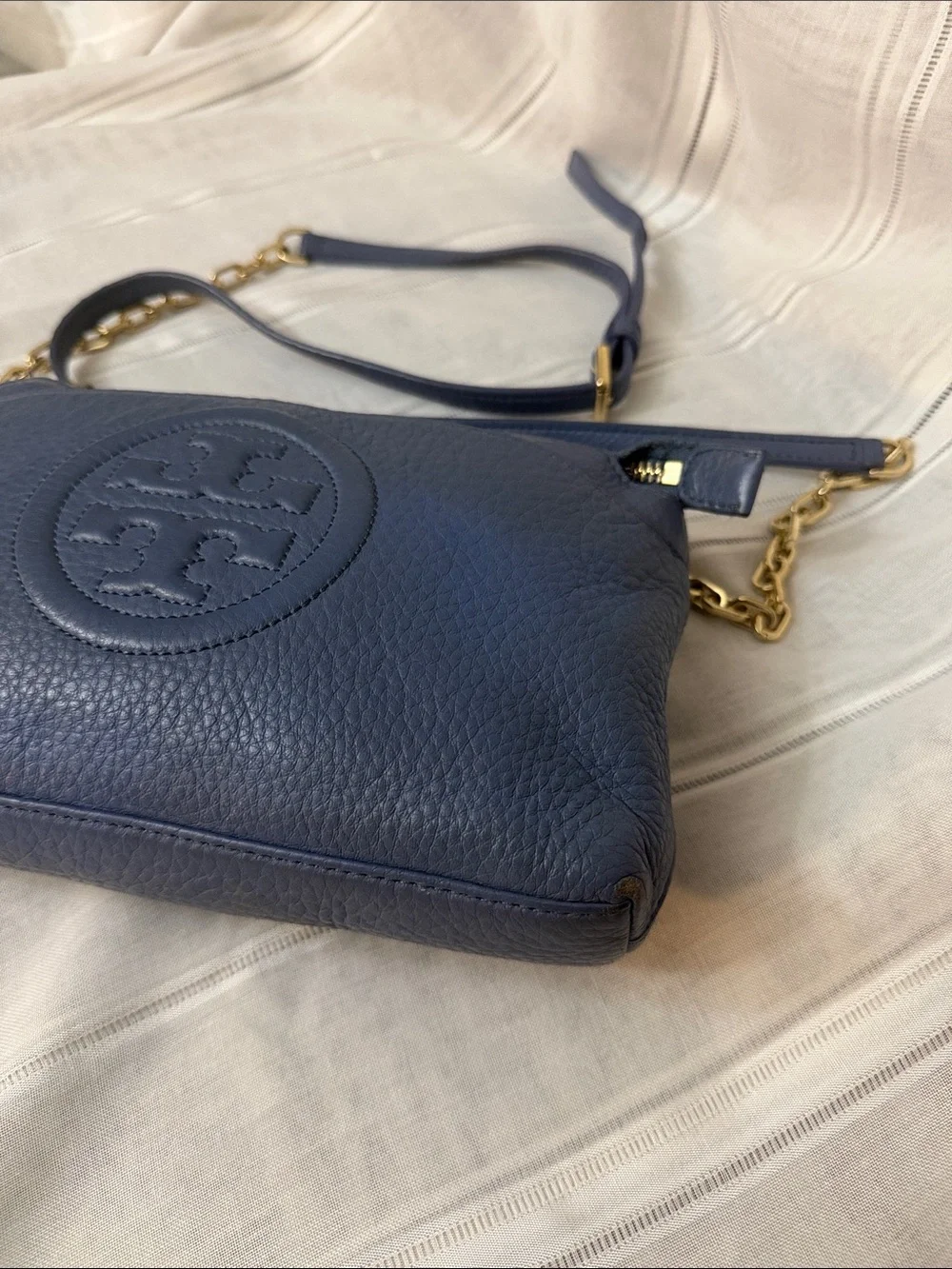 Tory Burch Cornflower Blue Leather Crossbody with Chain Strap